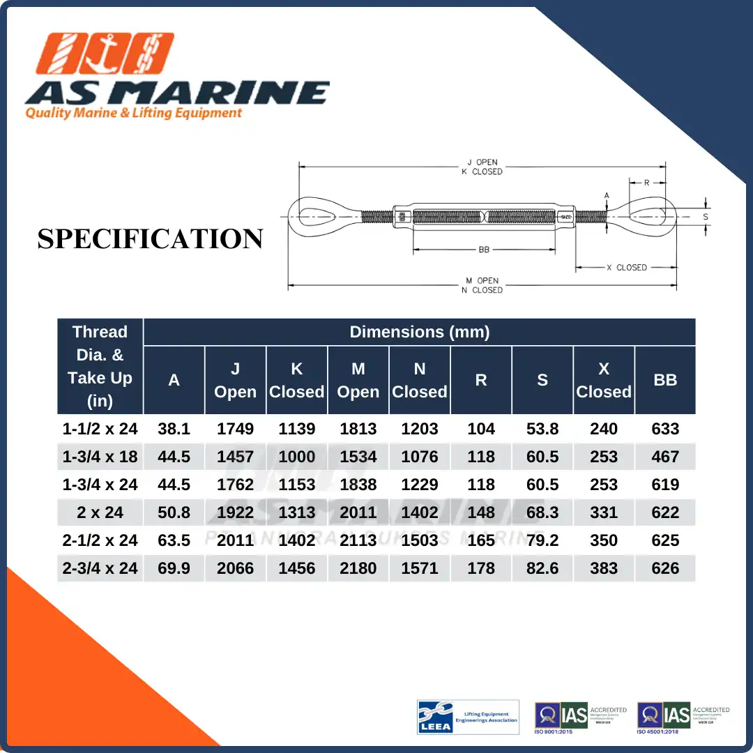 Spesifikasi Crosby USA Turnbuckle / Spanskrup Eye & Eye HG226